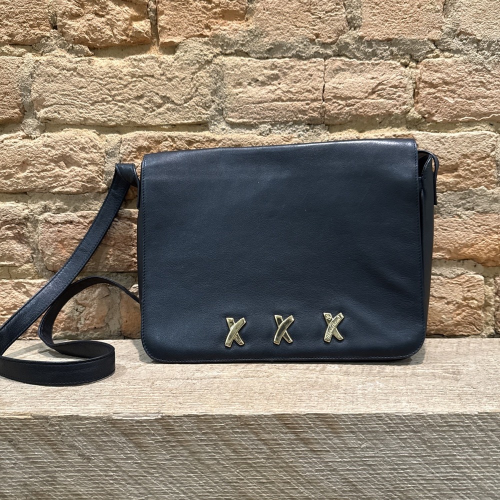 Vintage Paloma Picasso Black Leather Bag Gold Hardware Rare Designer Purse Italy